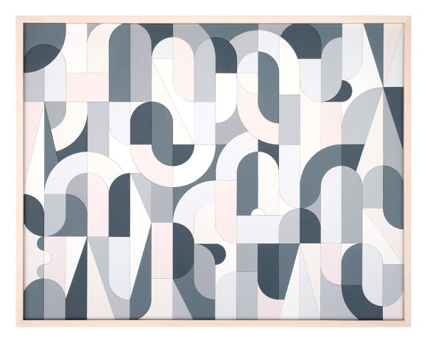 Scott Albrecht wood relief painting in pink and gray tones