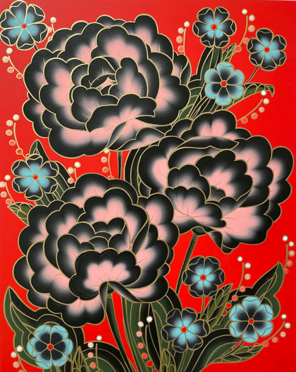 Jet Martinez, Respiro, Suspiro, 2020 (painting of large pink and small blue flowers on red background)