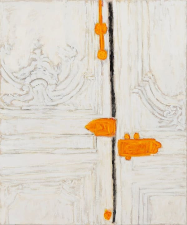 door hinge on white ornate doors