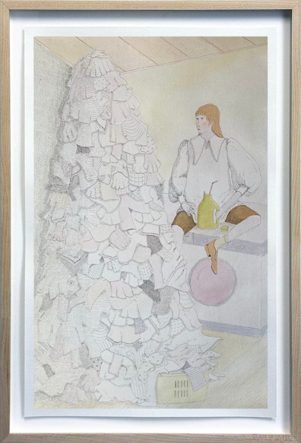 Painting of a person sitting on a laundry machine drinking a large gallon sized beverage with a massive pile of unfolded laundry towering next to them