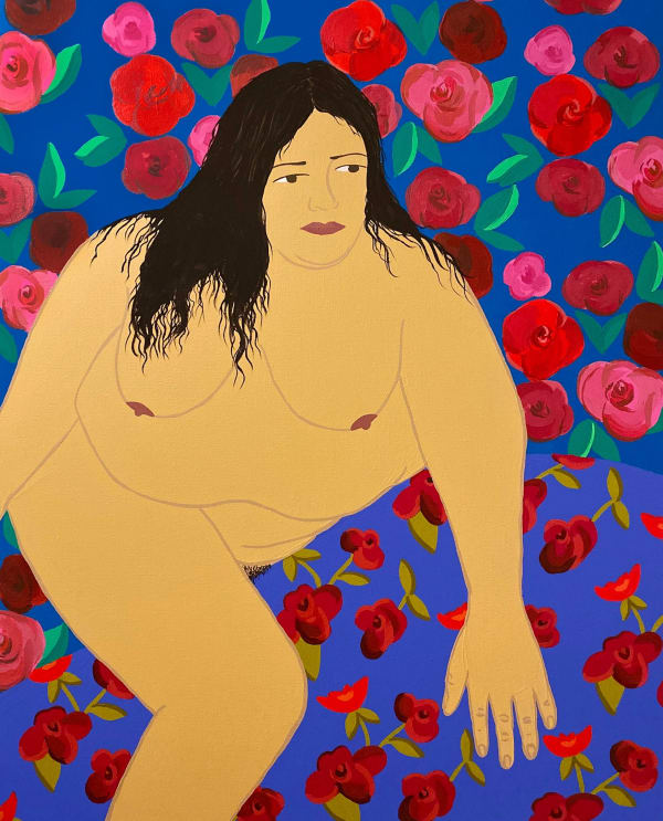 painting of a nude woman with curly dark hair in a squatting position surrounded by vivid floral patterns by Gina M. Contreras