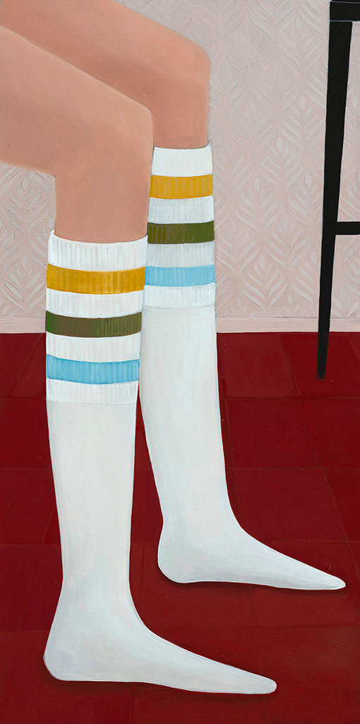 Painting of a person's legs wearing knee length white socks with a yellow, green and blue stripe