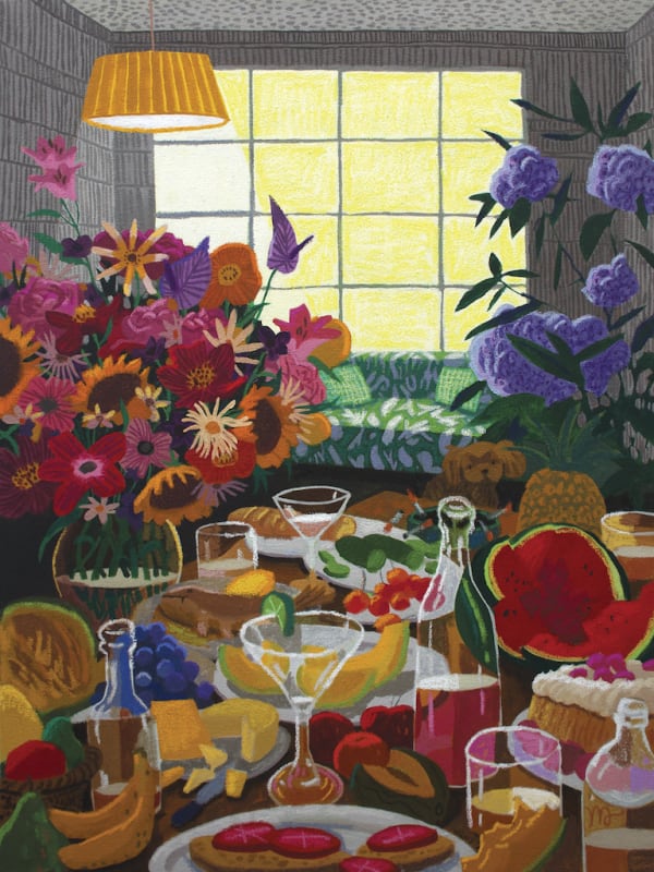 Nicholas Bono Kennedy painting of table full of food and bouquets of flowers