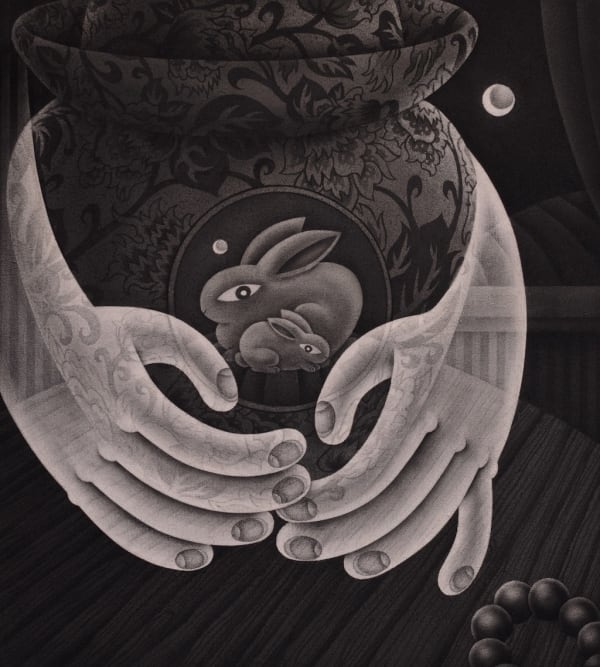 black and white painting of two hands holding a jar with.a rabbit on it