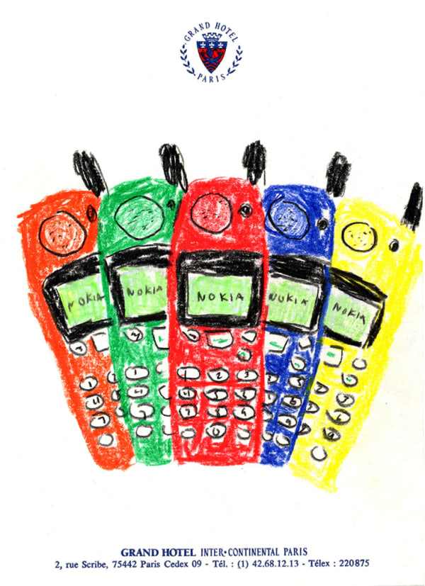 drawing by Michael McGregor of colorful Nokia phones on Grand hotel stationary