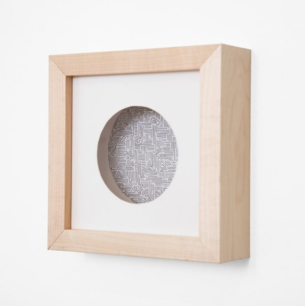 Aaron de la Cruz abstract round painting in natural frame