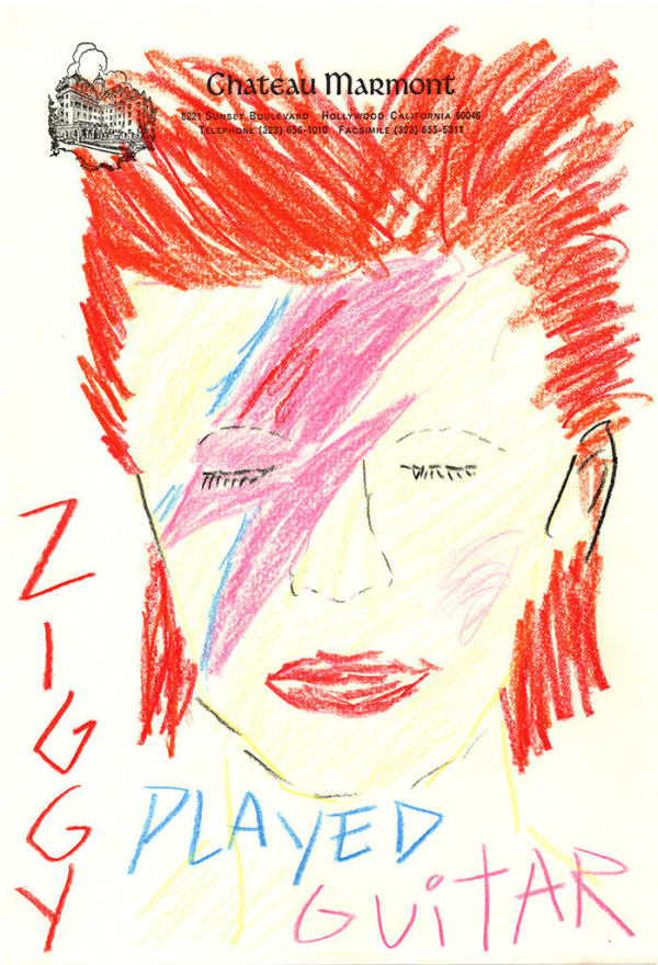 drawing by Michael McGregor of David Bowie with text "Ziggy played guitar" on Chateau Marmont hotel stationary
