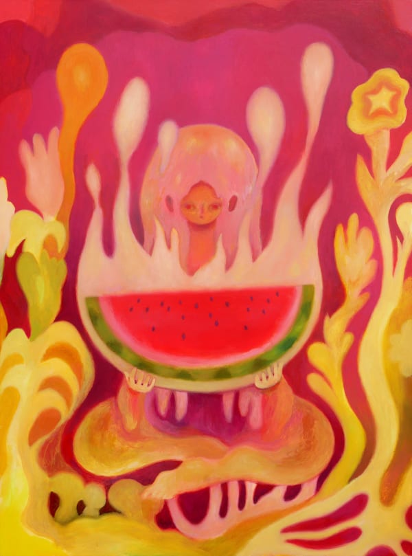 Painting of a woman holding half of a watermelon