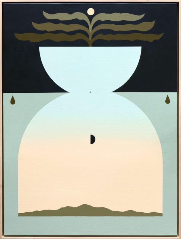 painting by Madeleine Tonzi of a landscape in neutral greens, blues, and oranges with an hourglass shape in the middle and plant stemming out of it