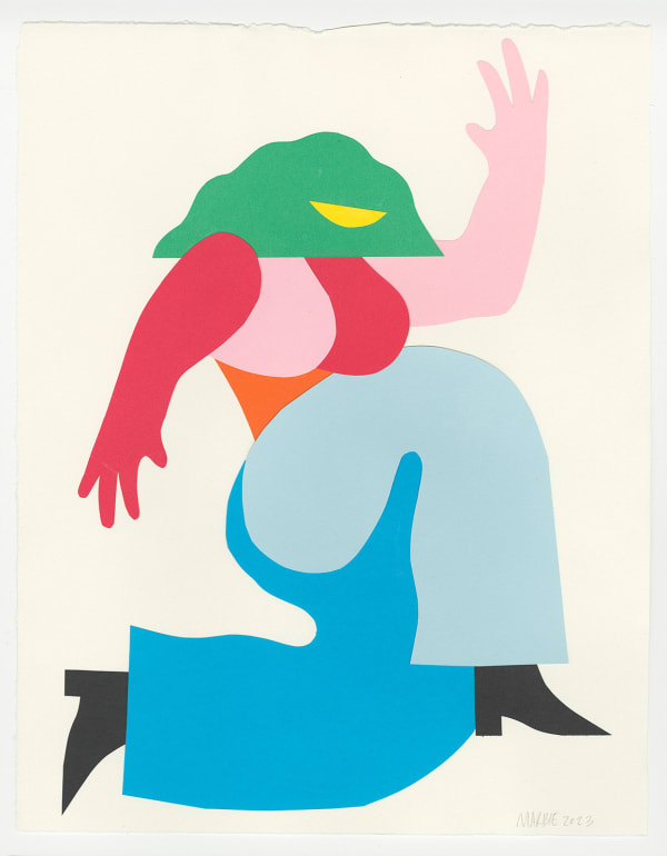 a busty figure kneels or jumps in the air, one knee tucked into her chest, the other beneath her. Her left arm, behind her, forms a right angle, her hand pointing to the sky. The fingers of the right arm point down, her arm straightened.