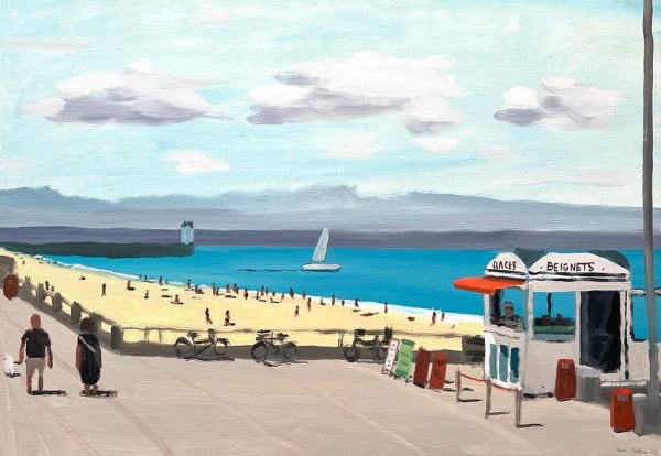 Jean Julien painting of figures at beach and walking along dock with beignet stand in foreground