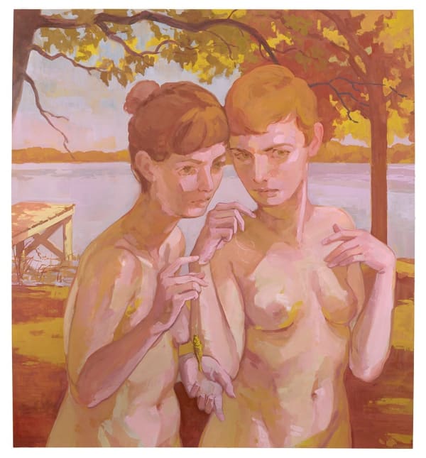 Painting of two naked women standing in front of a body of water with a small dock and several low hanging trees.