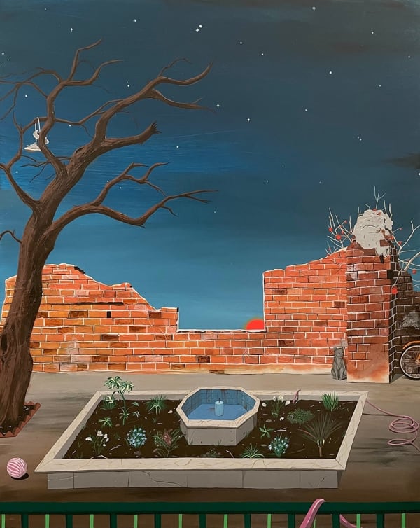 Azadeh Nia painting of evening scene, partially broken brick wall in background. Flower box and tree in foreground