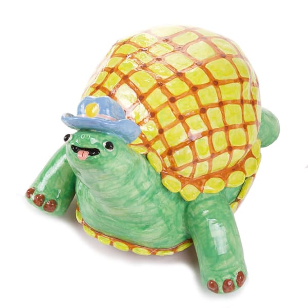 Katie Kimmel's ceramic sculpture of a turtle wearing a hat