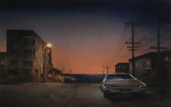 Kim Cogan painting of San Francisco city street with vintage car at dusk