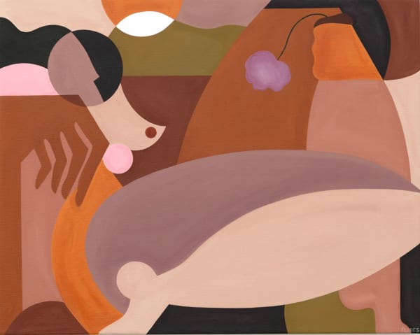 Abstract painting of a woman holding a purple flower.