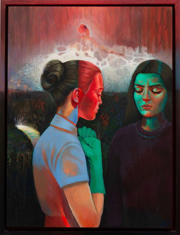 Painting of two women facing each other in a field with a river running through the back.