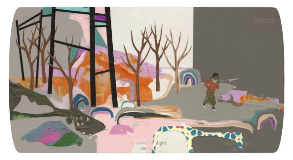 grey and pink landscape with a figure walking through it