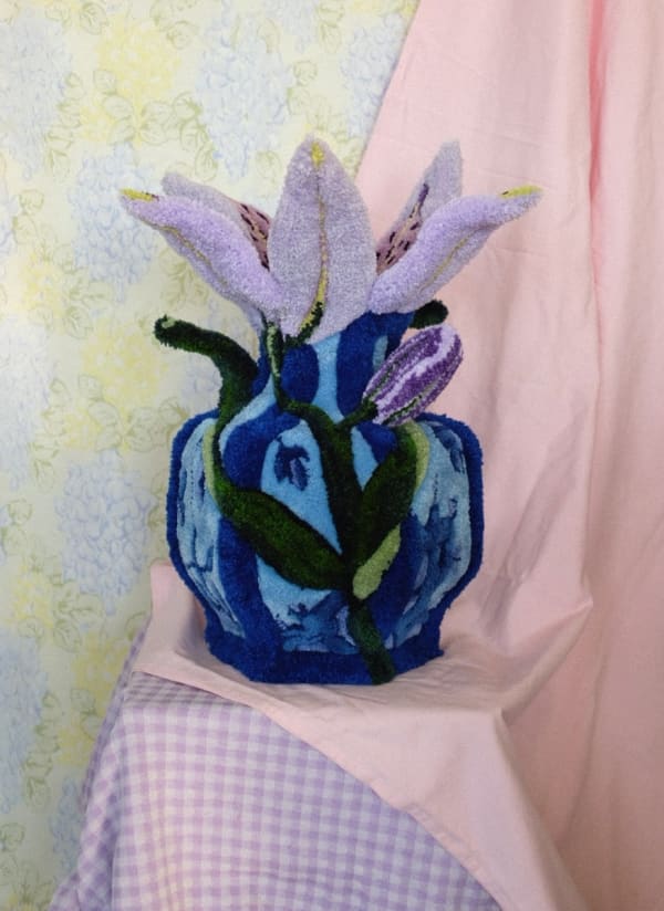 Shishi San tufted vase - blue with purple flowers