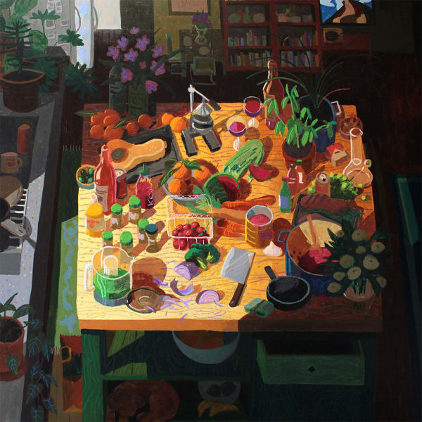 painting of a wooden table full of various fruits, vegetables, and flowers by Nicholas Bono Kennedy