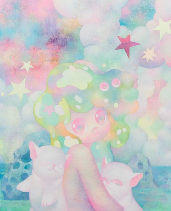Painting by So Youn Lee of an iridescent figure with two pink dogs sitting in front of a bunch of iridescent clouds
