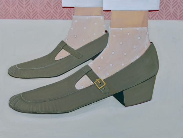 painting of a womans feet wearing sheer socks and green mary janes