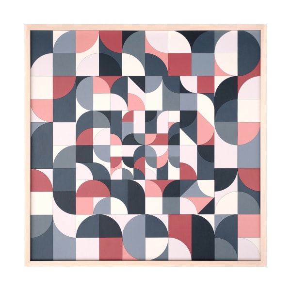 Scott Albrecht wood relief painting abstract forms in blue and pink tones