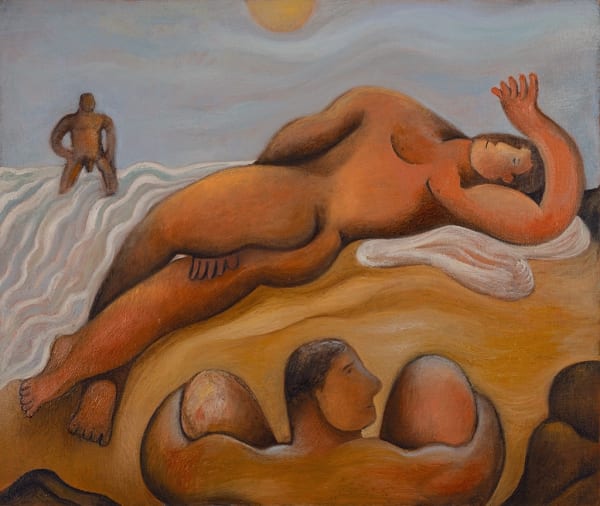 Sculpture of three men on the beach, sitting, lounging, and in the water