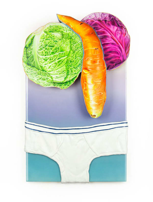 Painting of a green cabbage, a carrot and a purple cabbage above a white pair of underwear briefs.