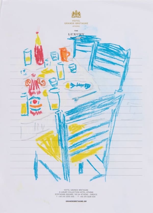 sketch of a chairs and table with food on hotel stationary