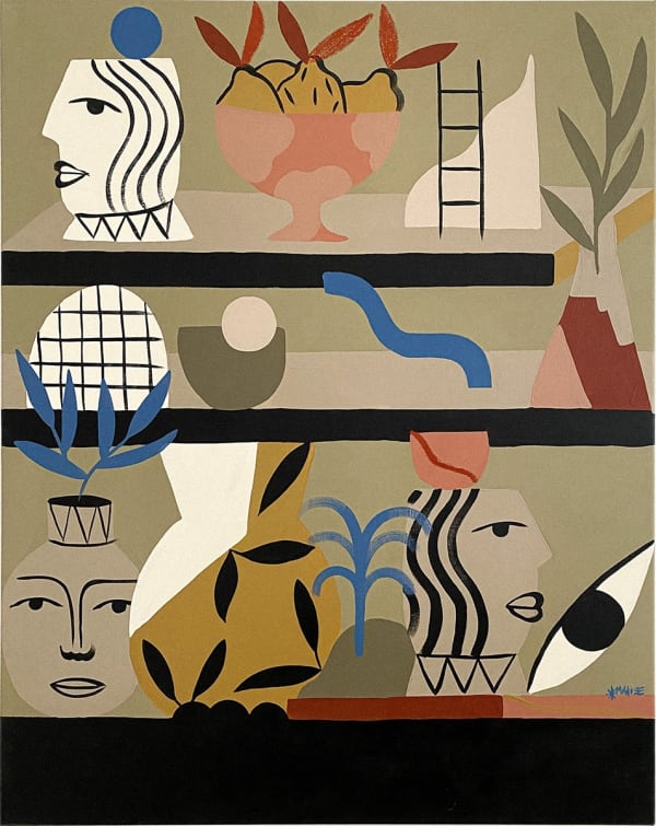 vases decorated like human faces are filled with plants and sit on packed shelves in muted earth tones