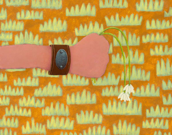 Painting of an arm and a hand holding two wilting long stem white flowers. On the wrist is a thick leather bracelet with a silver plaque that says "Mama Tried" engraved on it. The background is an orange brown with green grass