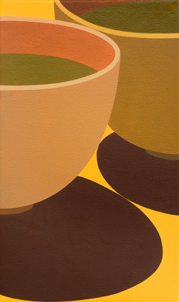 Adrian Kay Wong "Between Sips" oil painting on canvas, yellow circular abstract tea mug