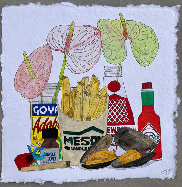painting of french fries, mussels, hot sauce, joint ring pop, and flowers in jars
