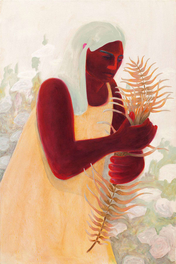 painting by Genevieve Cohn depicting a woman holding a various sized fern leaves in front of a lush rose bush