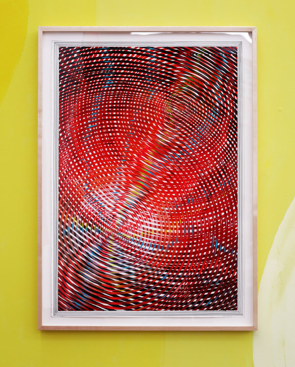 Andrew Schoultz - red spiral painting on yellow background