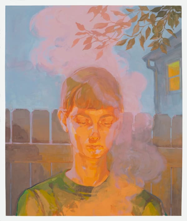 Painting of a woman with her hair tied back wearing a t-shirt looking down onto some rising smoke and light, behind her is a wooden fence, a tree and a house with a light on in the window.