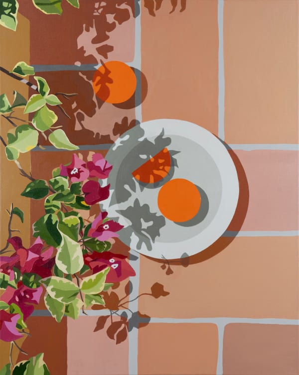 Natalia Juncadella painting of tiles, orchid, oranges on plate and shadows