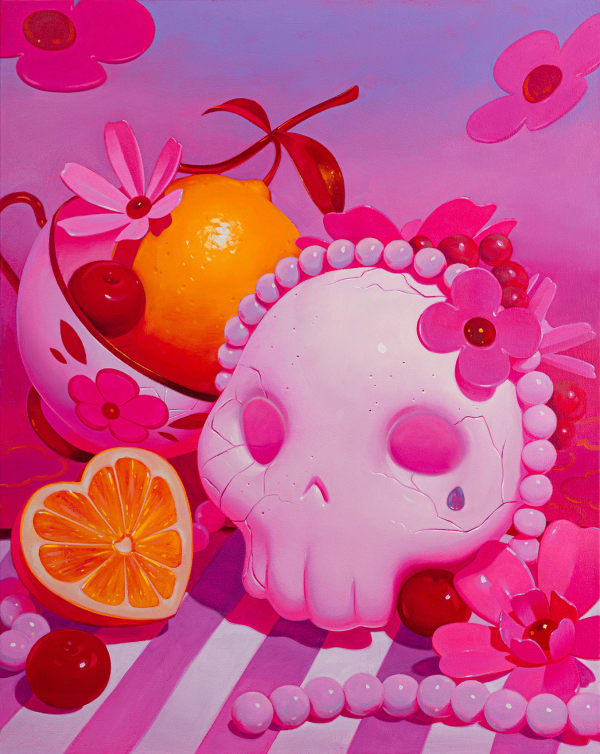 Megan Ellen MacDonald "Death of Flora" oil painting of pink skull adorned with pearls and flowers with tea cup with orange inside