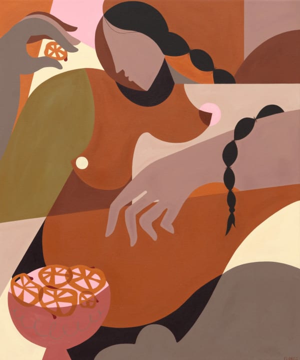 Abstract painting of a woman eating chicharrones from a bowl with a long black braid down her side and around her arm.