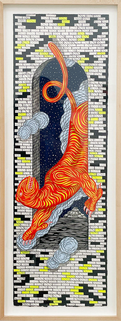 geometric patterned painting of an animal crawling from a portal by Andrew Schoultz