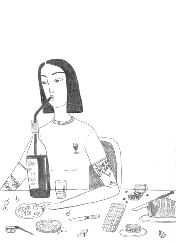 Irana Douer drawing of woman eating and drinking