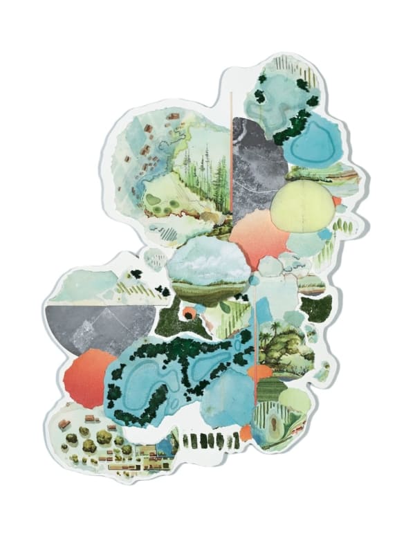 Multimedia collage of earthy elements, drawings, and paintings, in blue, green, and orange