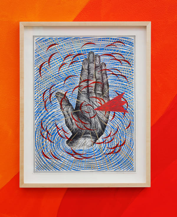 Andrew Schoultz - framed painting of hand on blue background