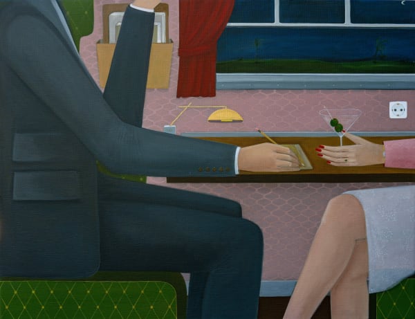 painting of a man and woman sitting at a table with hands reaching to each other across the table