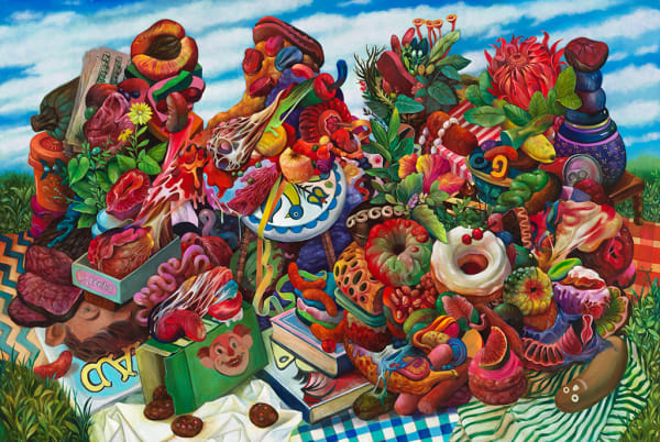 Painting of a stack of food piled up on top of each other on a picnic blanket outside on the grass.