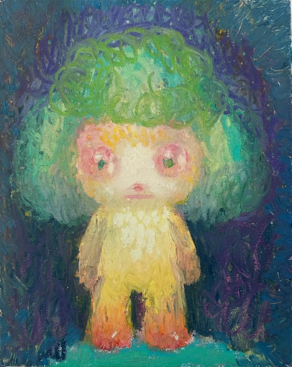 Painting of a yellow figure with green poodle like hair and ears