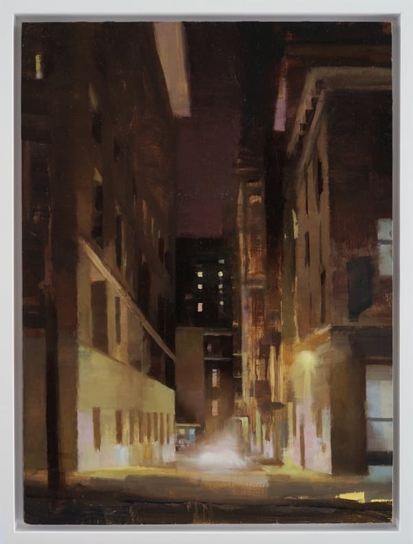 Kim Cogan - painting a street view in city at night with yellow tone street light