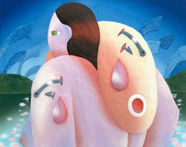 multimedia artwork by artist Cha Yuree depicting a woman carrying a large fish with fishhooks in both in a watery landscape