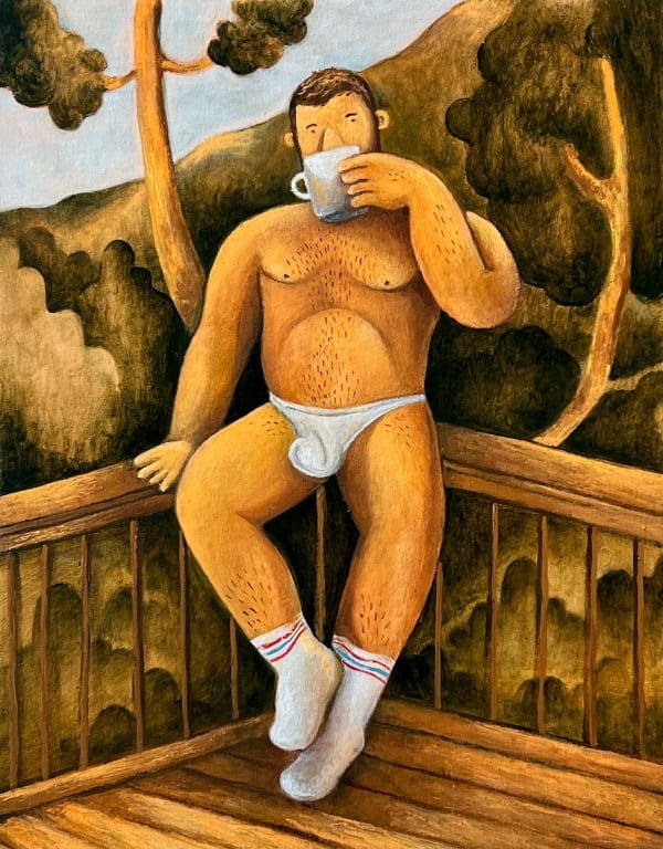 painting of a man in his underwear leaning against a railing a drinking a cup of coffee
